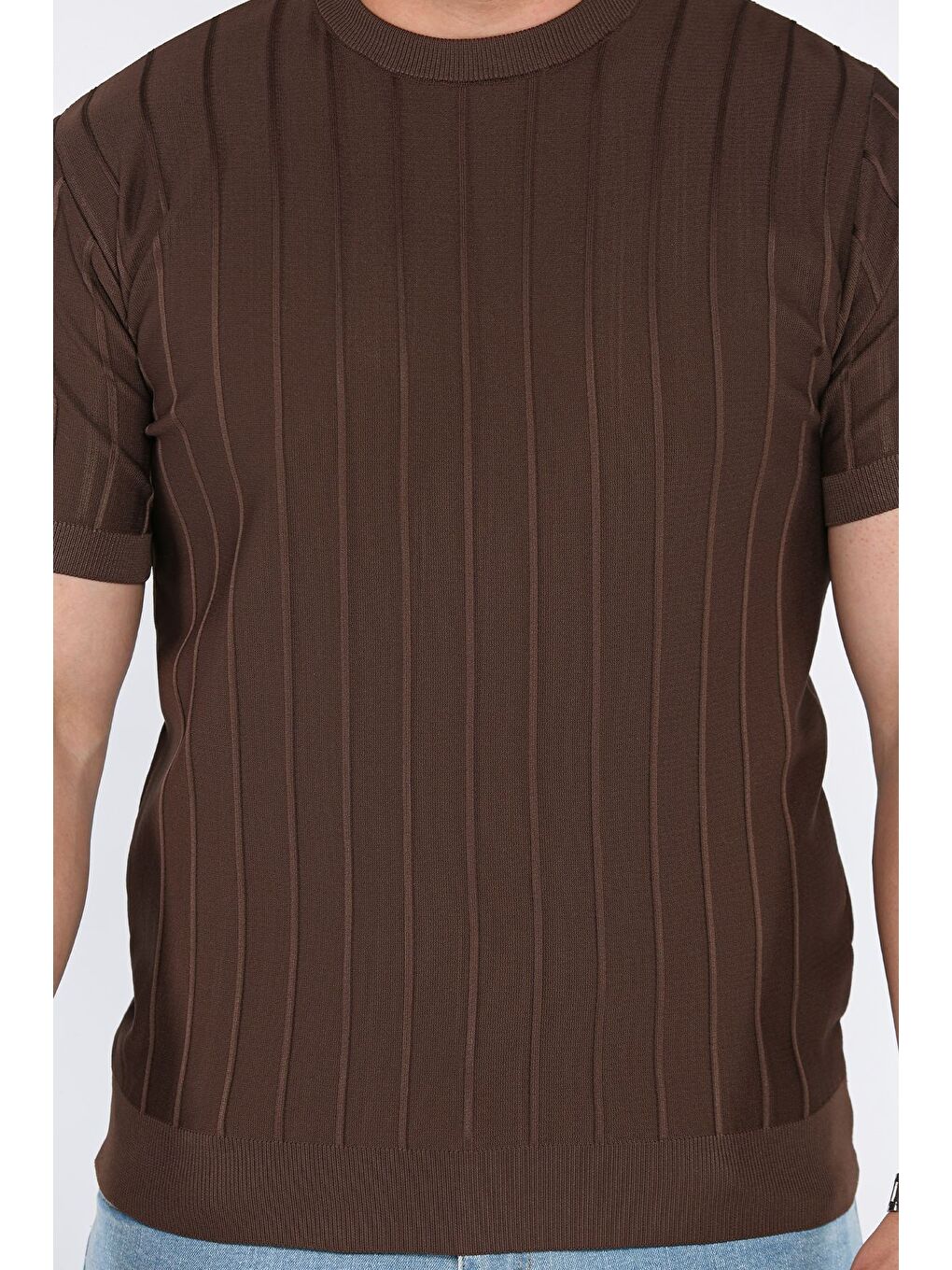 Kahverengi Erkek Bisiklet Yaka Kendinden Çizgi Desenli Triko Tişört-3