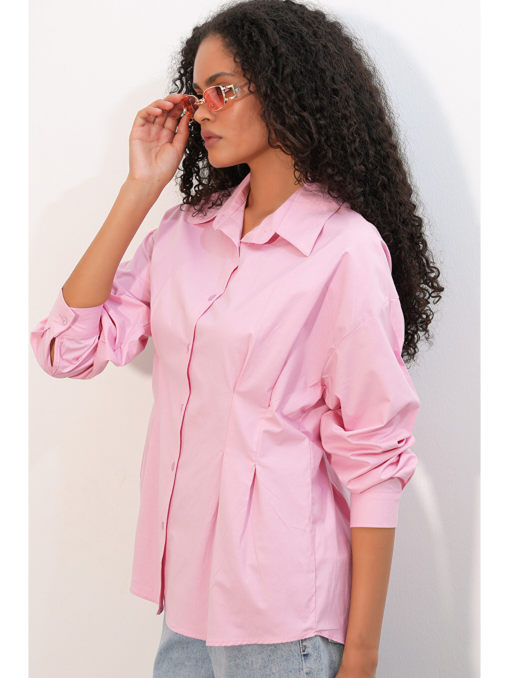 Kadın Belden Oturtmalı Poplin Gömlek 20384 - Pembe-2