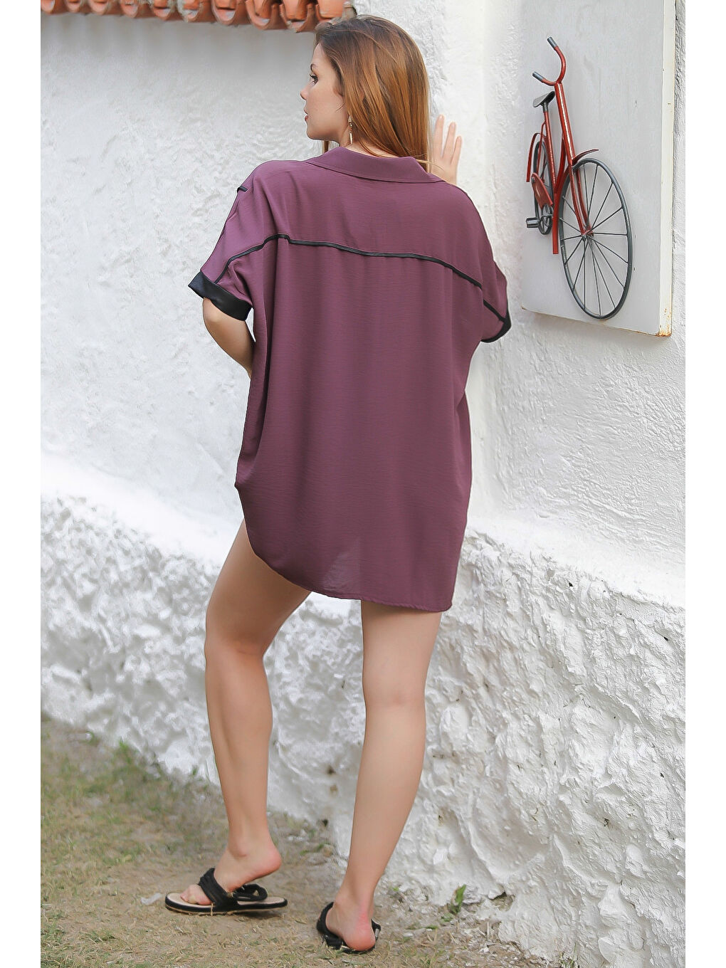 Mürdüm Rengi Gömlek Yaka Kısa Kol Cepli Deri Garnili Dokuma Oversize Casual Gömlek-7