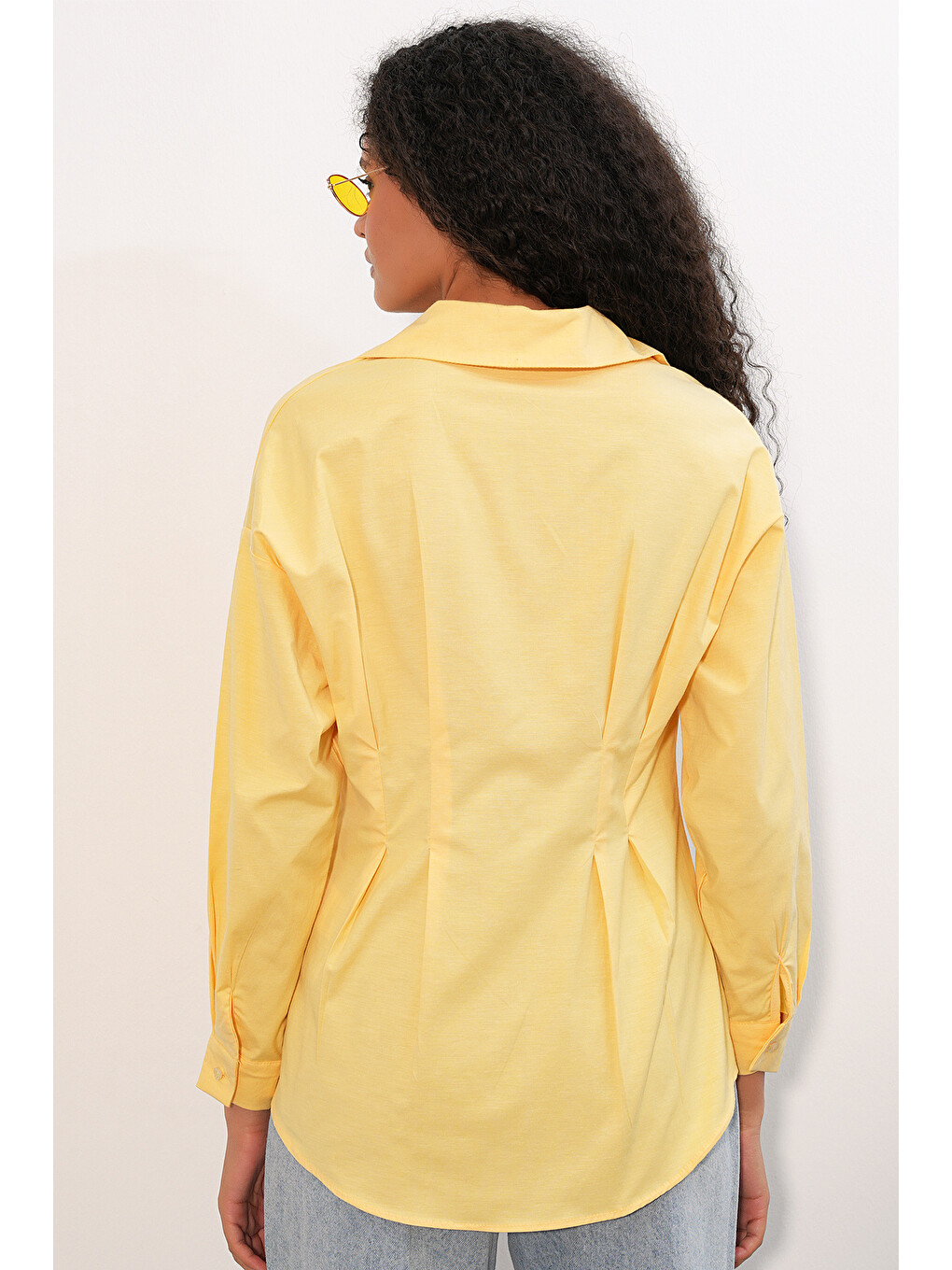 Kadın Belden Oturtmalı Poplin Gömlek 20384 - Sarı-5