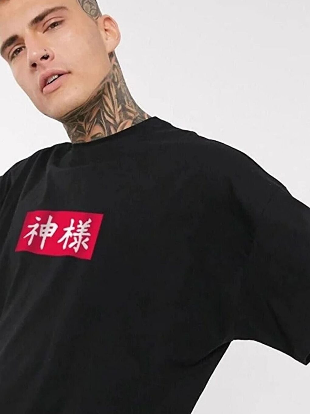 Siyah Chinesebox Baskı %100 Organik Pamuk Örme Oversize Tişört-1