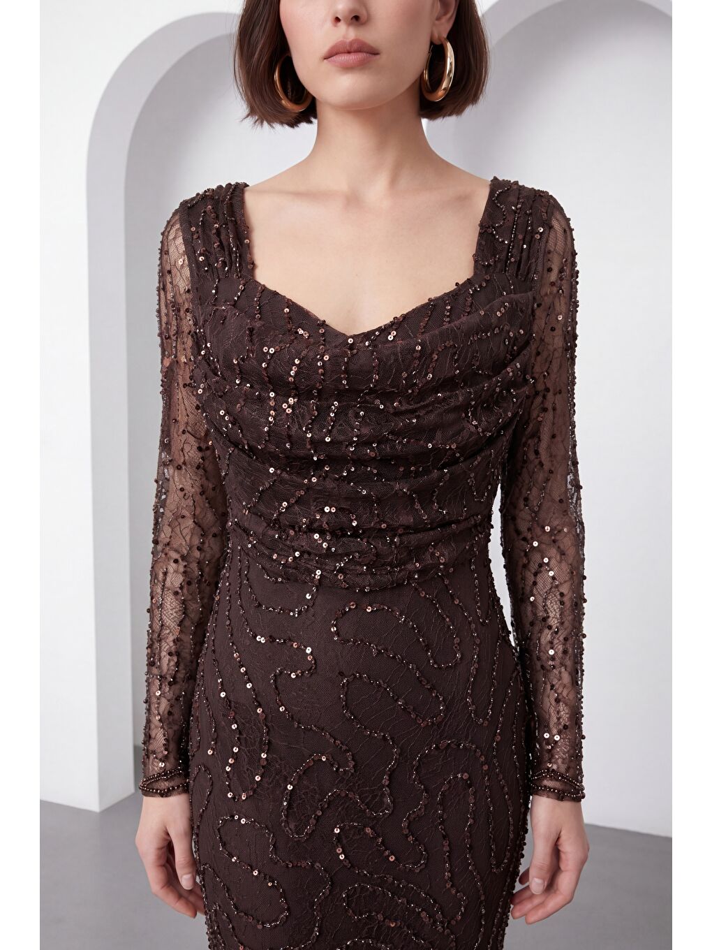 Kadın Kahverengi Uzun Kol Boncuklu Abiye Elbise-3