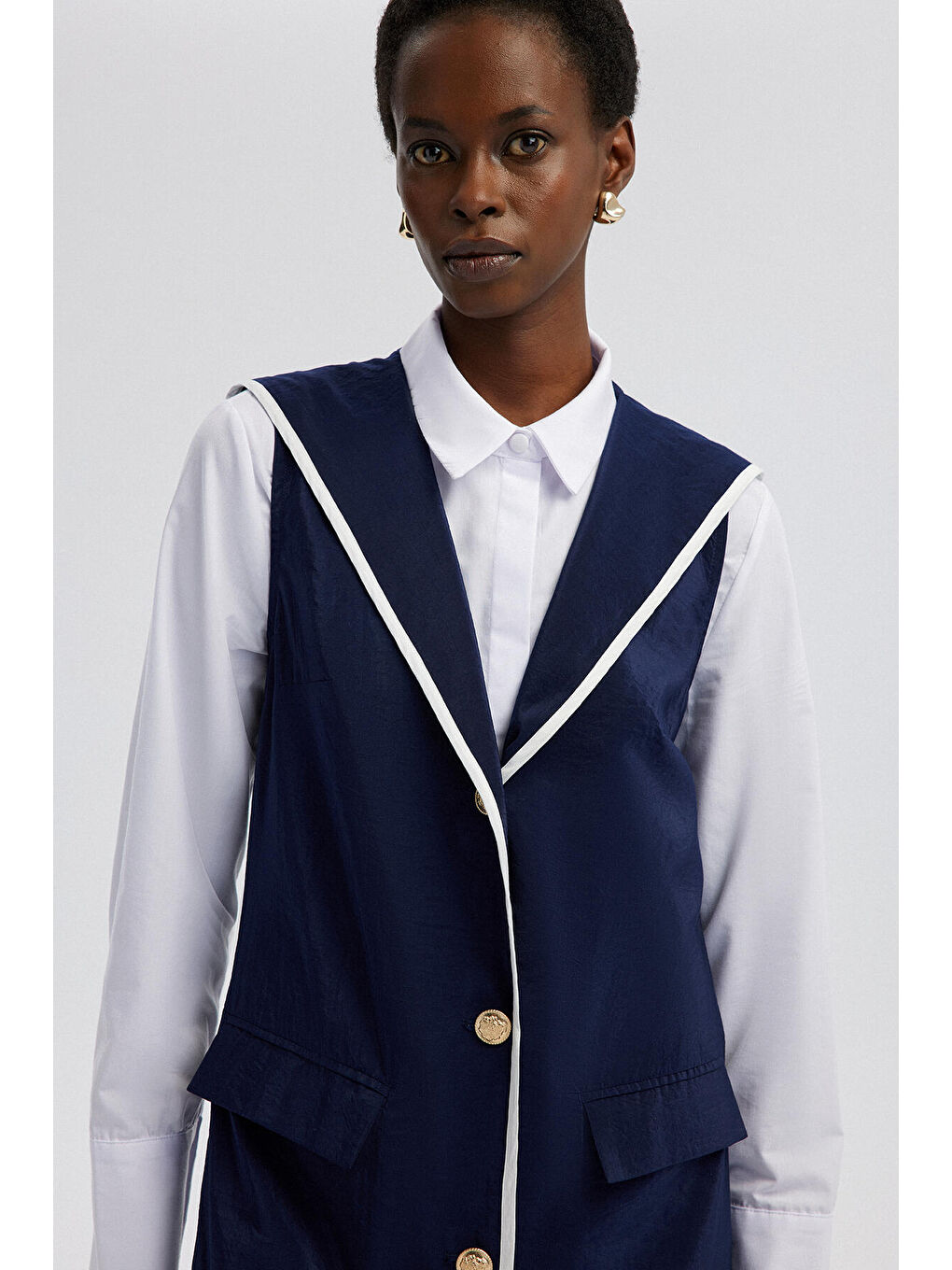 Lacivert Kruvaze Kolsuz Elbise-4