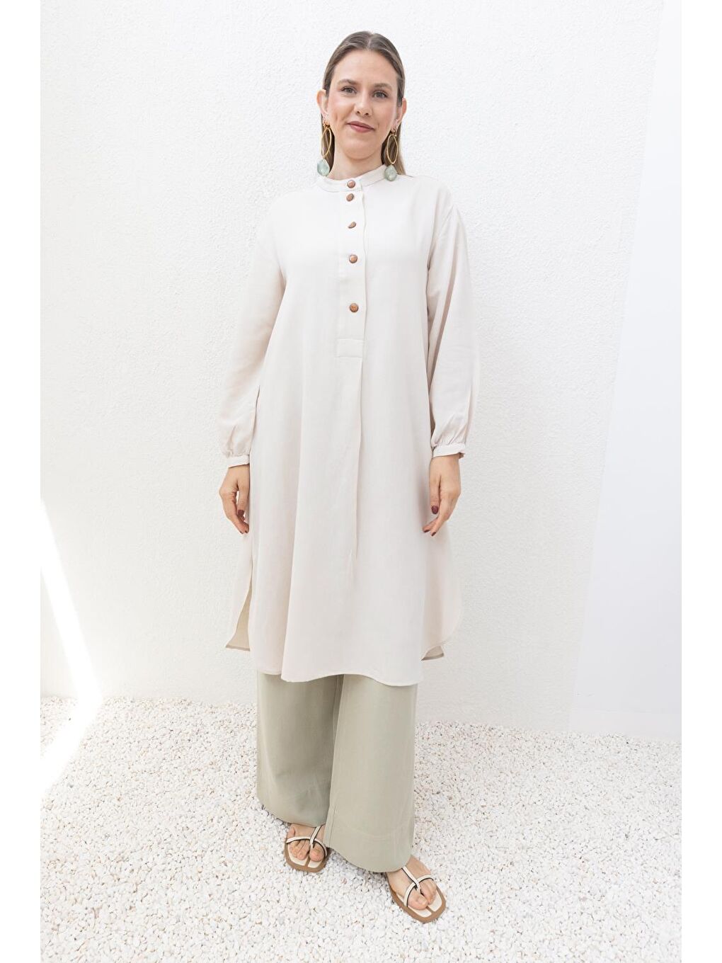 Bej Taş-Yarım Patlı Yırtmaçlı Keten Tunik-1