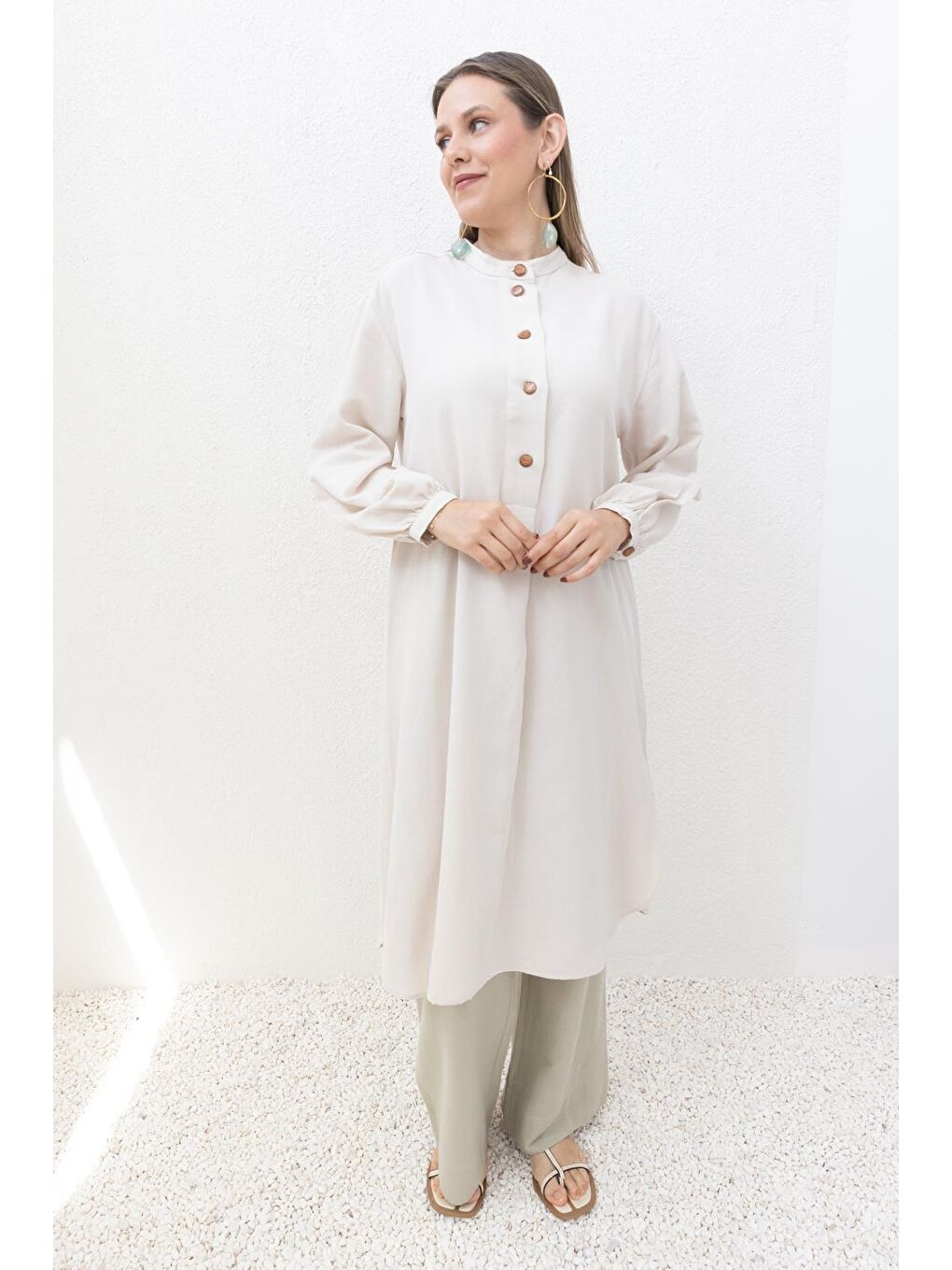 Bej Taş-Yarım Patlı Yırtmaçlı Keten Tunik-2