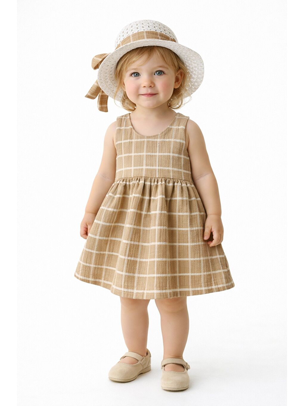 Bej Tatlı Kız Bebek Ekose Tarz Elbise Şapkalı Fiyonk Detaylı Yazlık 2’li Kombin
