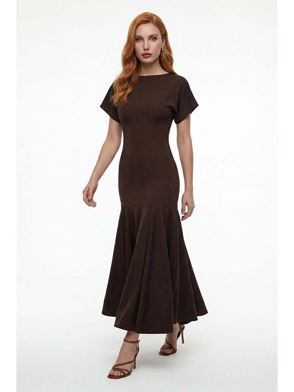 Kadın Kahverengi Bisiklet Yaka Kısa Kollu Midi Davet Elbisesi