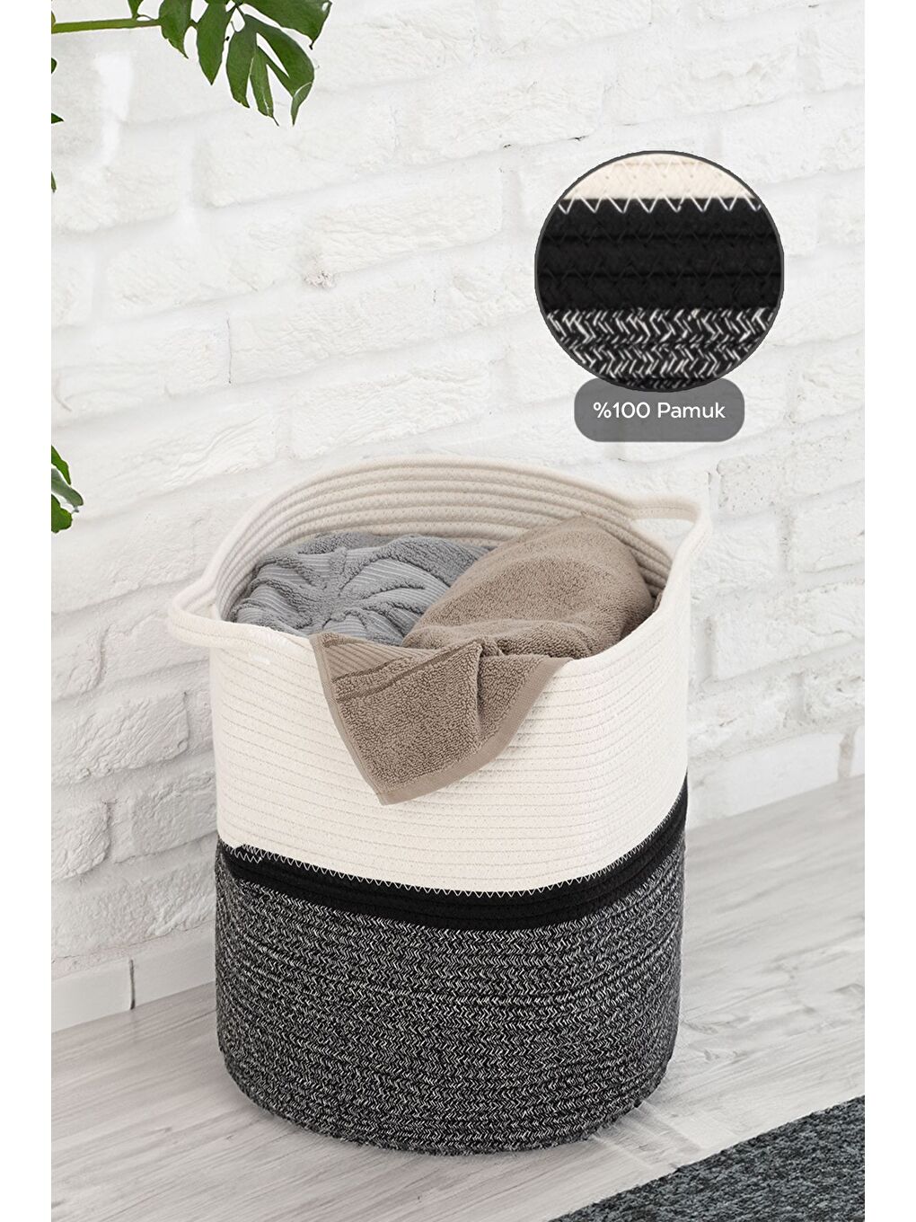 Gri Hasır Dokuma Çamaşır Sepeti  Banyo Düzenleyici Pamuk Halat Saklama Sepeti 38 Cm-1