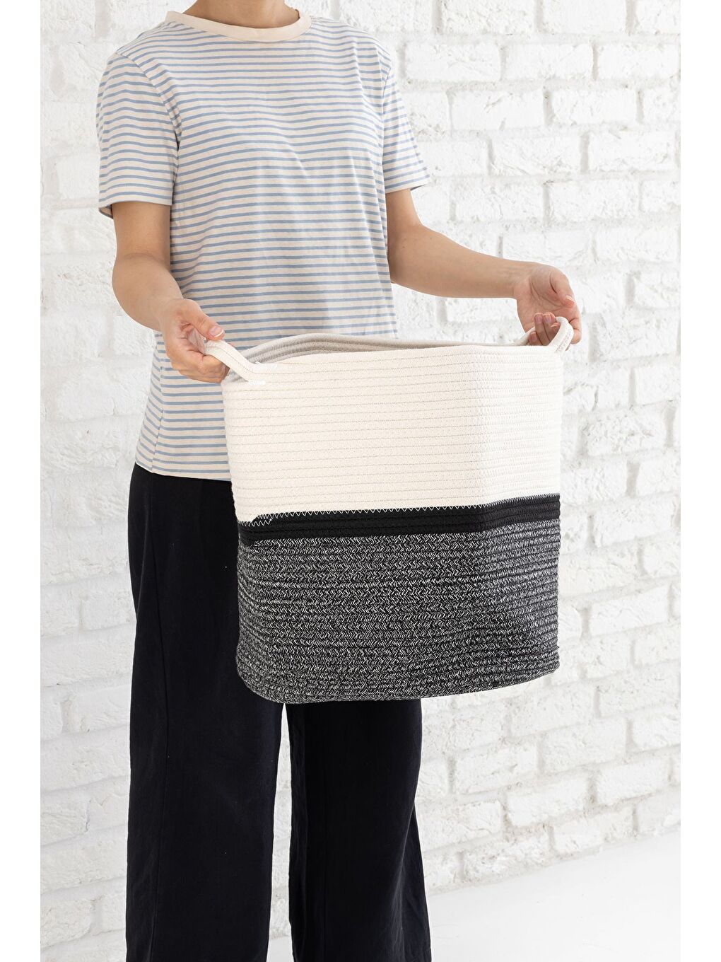 Gri Hasır Dokuma Çamaşır Sepeti  Banyo Düzenleyici Pamuk Halat Saklama Sepeti 38 Cm-2