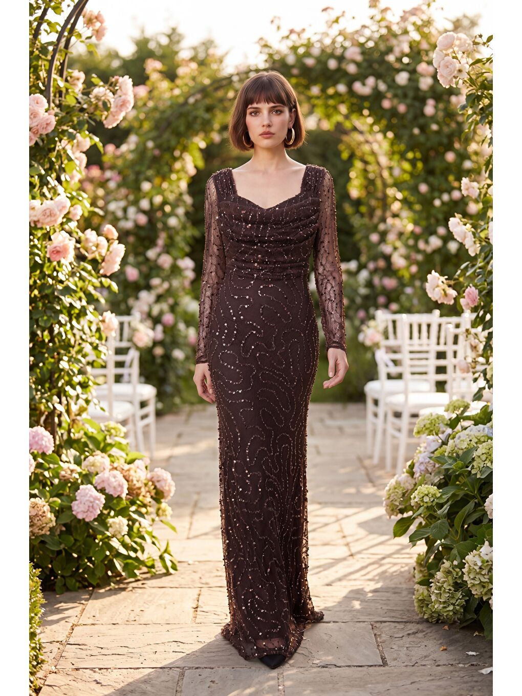 Kadın Kahverengi Uzun Kol Boncuklu Abiye Elbise-4