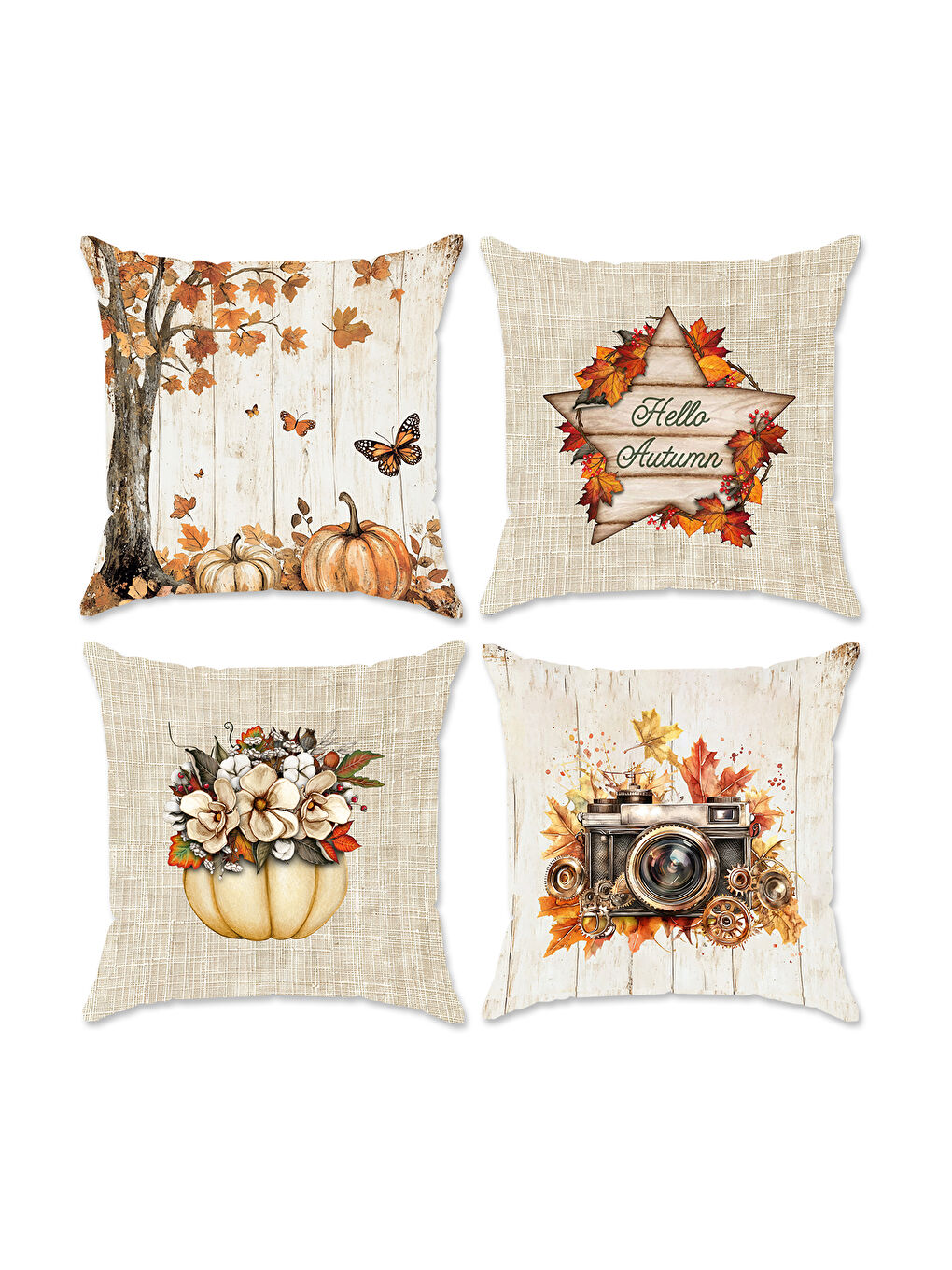 Karışık Çift Taraf Baskılı Kadife Doku Sonbahar Ve Kabak Desenli 4'lü Kırlent Seti-1