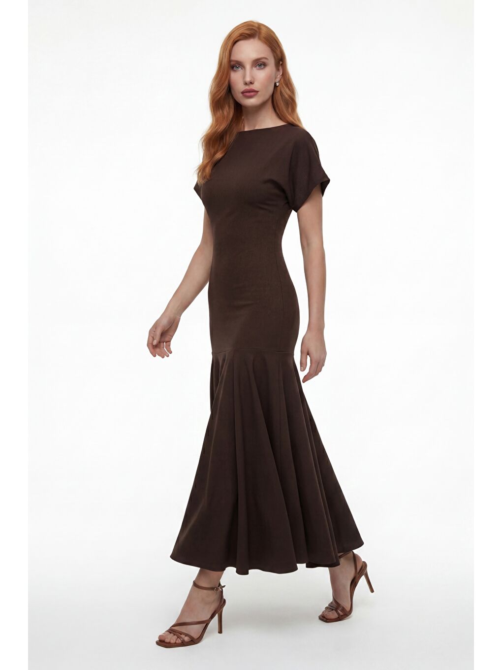 Kadın Kahverengi Bisiklet Yaka Kısa Kollu Midi Davet Elbisesi-1