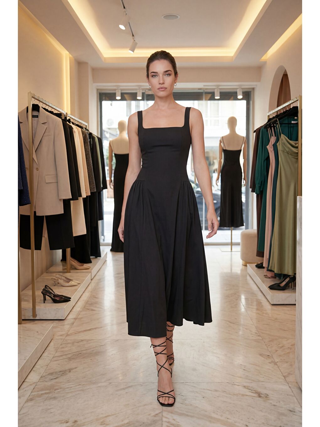 Kadın Siyah Askılı Kare Yaka Midi Davet Elbisesi-4