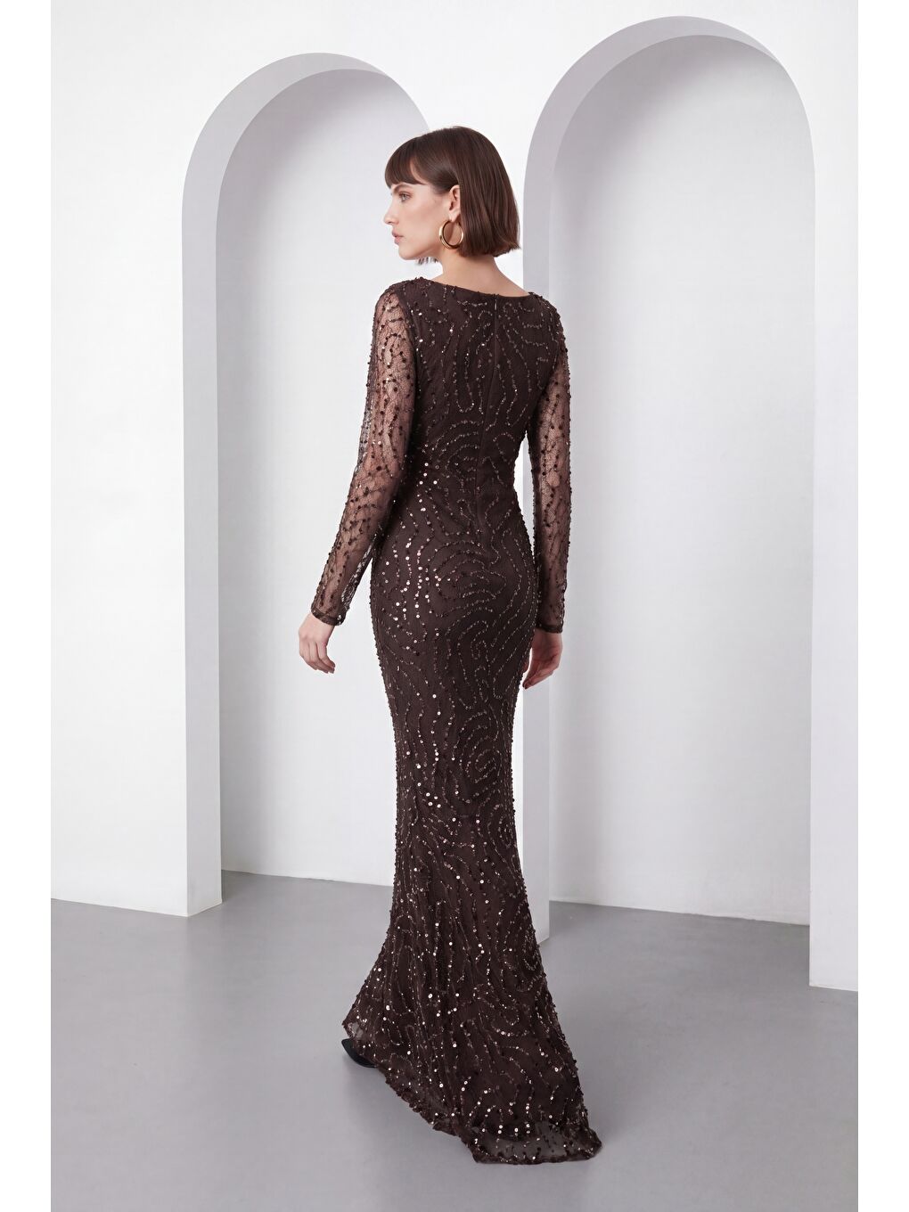 Kadın Kahverengi Uzun Kol Boncuklu Abiye Elbise-5