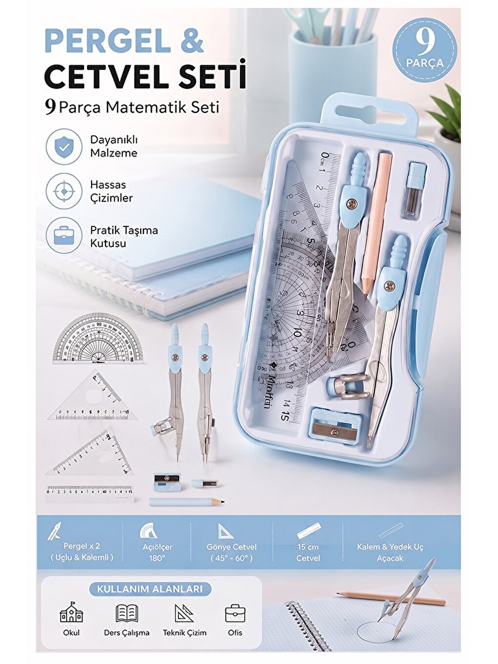 Mavi Metal Pergel Seti 9 Parça 1 Paket 9121 Profesyonel Pergel Çizim Proje Matematik Mimar Mühendis