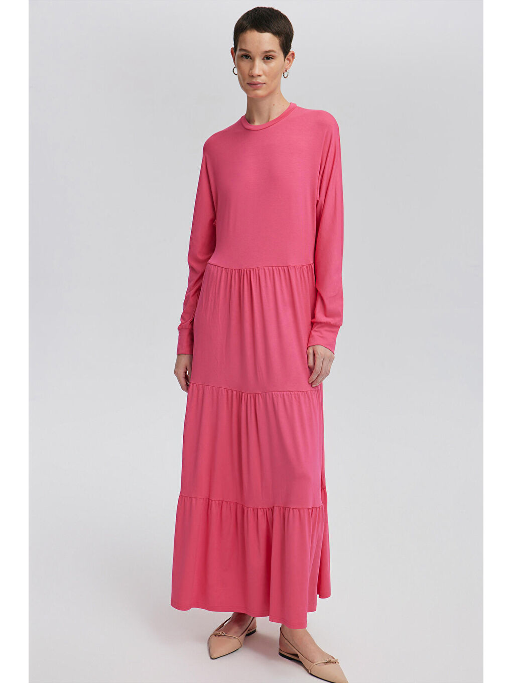 Fuşya Büzgülü Japone Kol Elbise