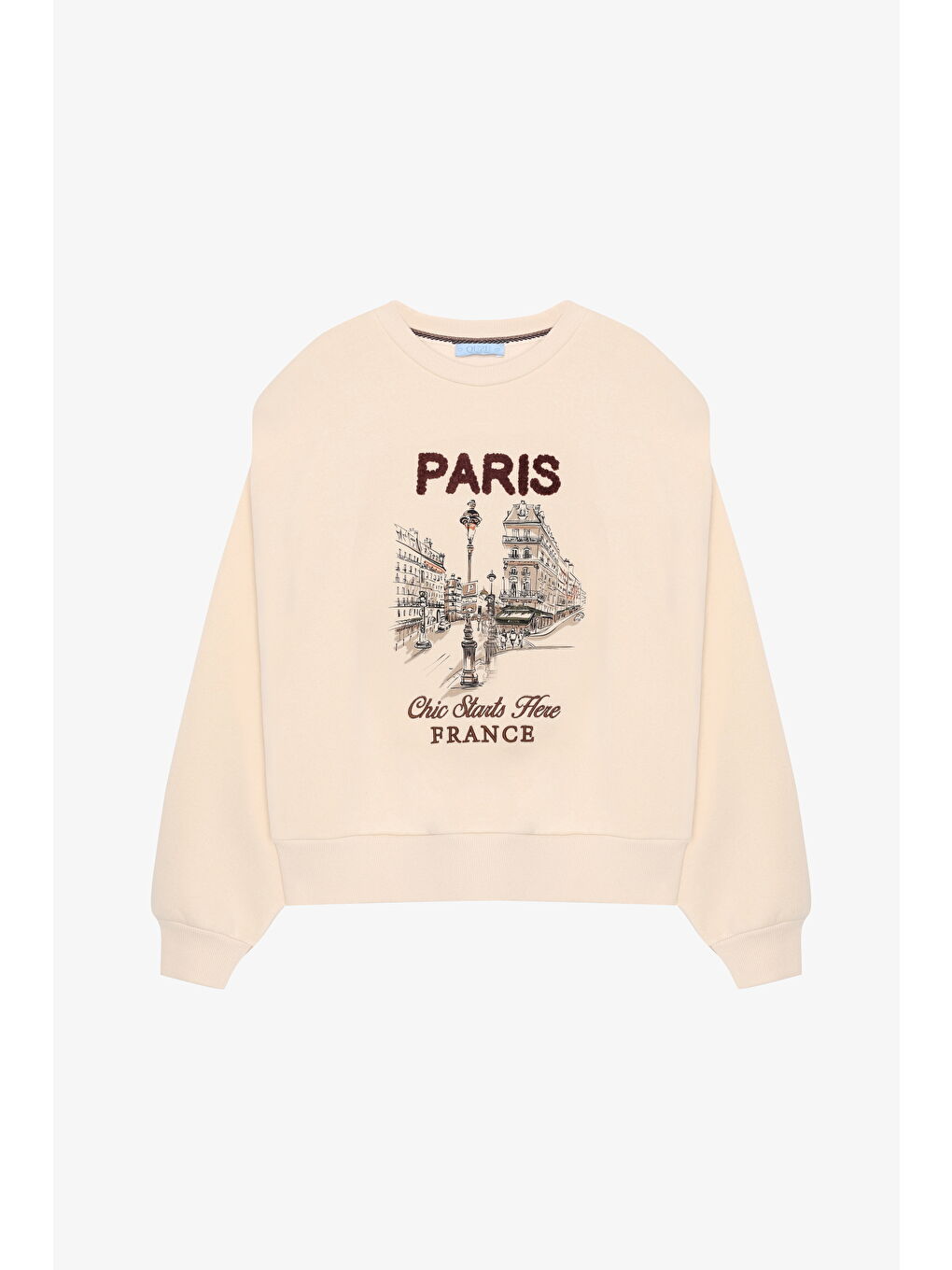 Vatkalı Paris Baskılı Oversize Sweatshirt Bej