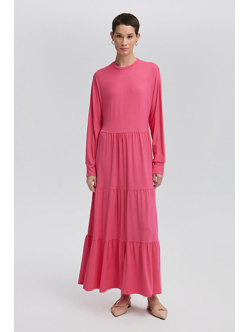 Fuşya Büzgülü Japone Kol Elbise-1