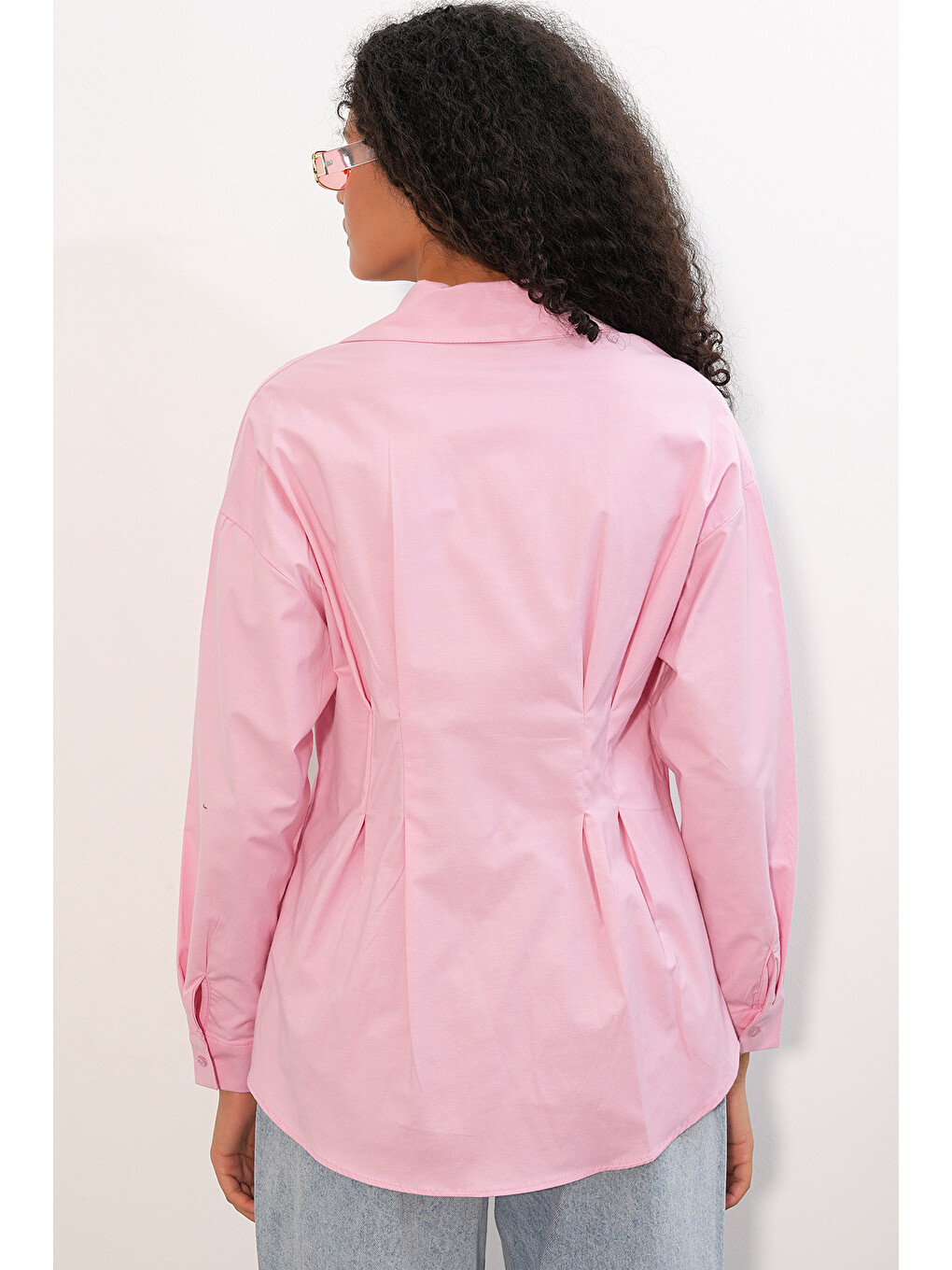 Kadın Belden Oturtmalı Poplin Gömlek 20384 - Pembe-5