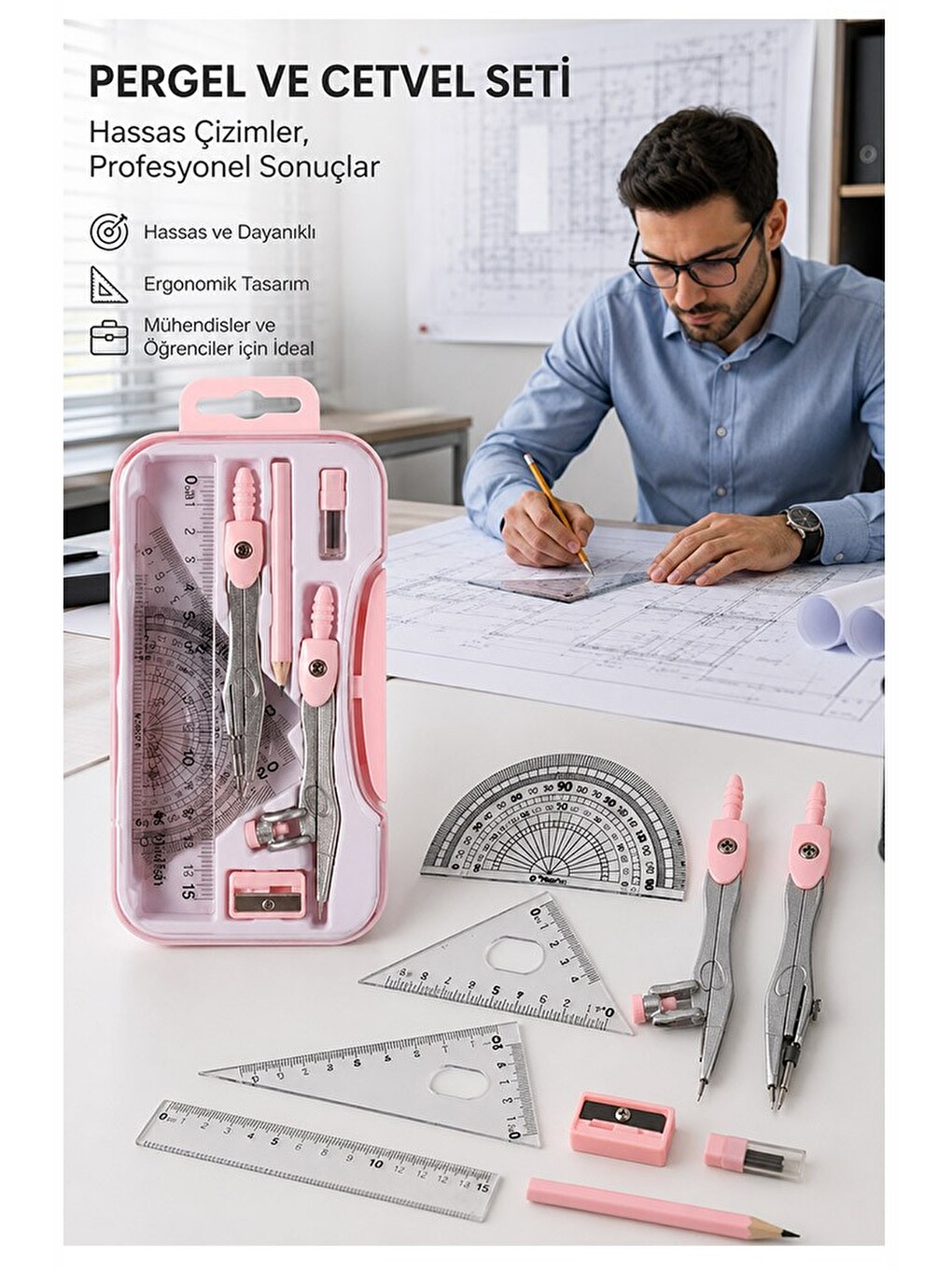Mavi Metal Pergel Seti 9 Parça 1 Paket 9121 Profesyonel Pergel Çizim Proje Matematik Mimar Mühendis-4