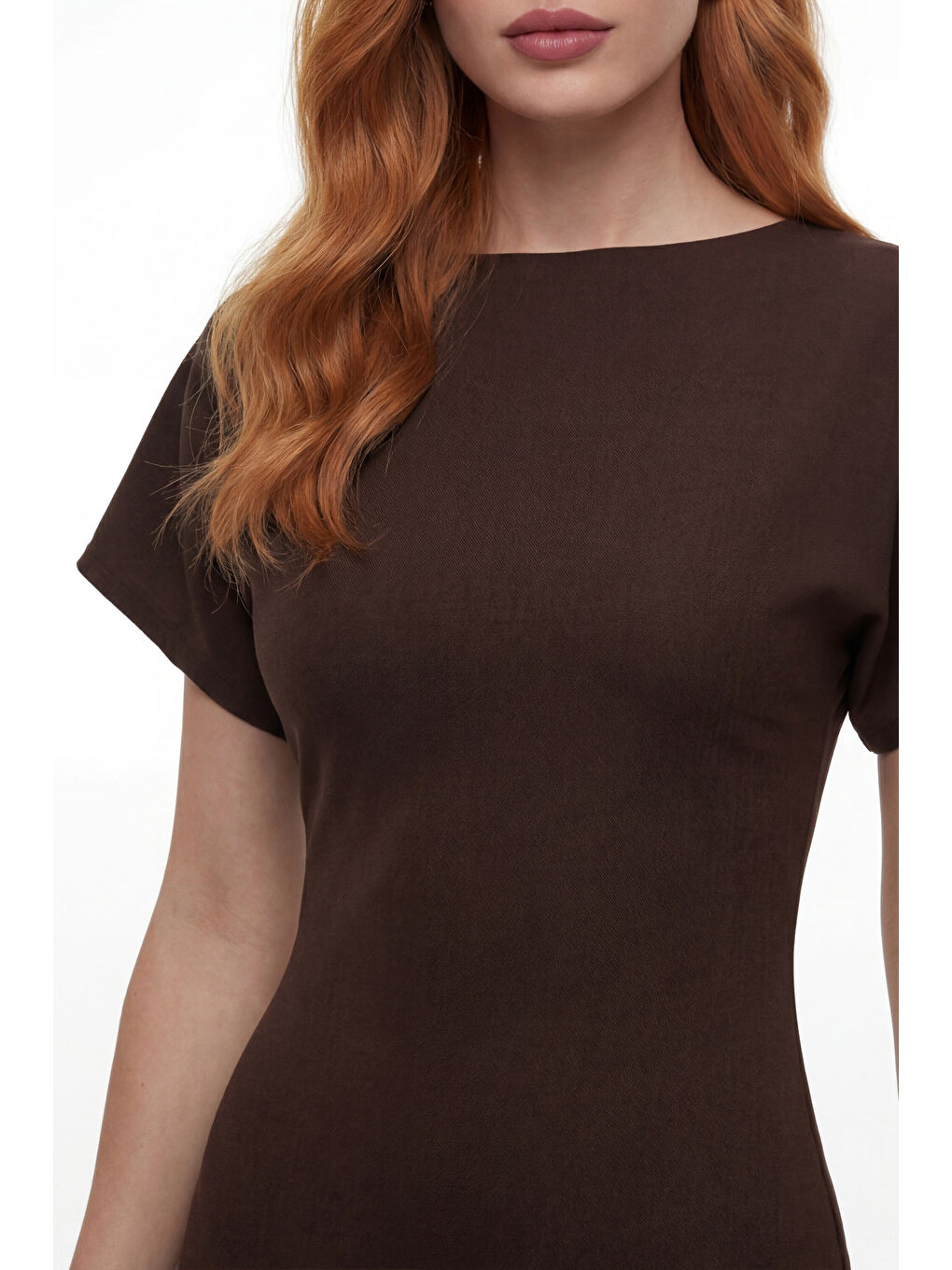 Kadın Kahverengi Bisiklet Yaka Kısa Kollu Midi Davet Elbisesi-2