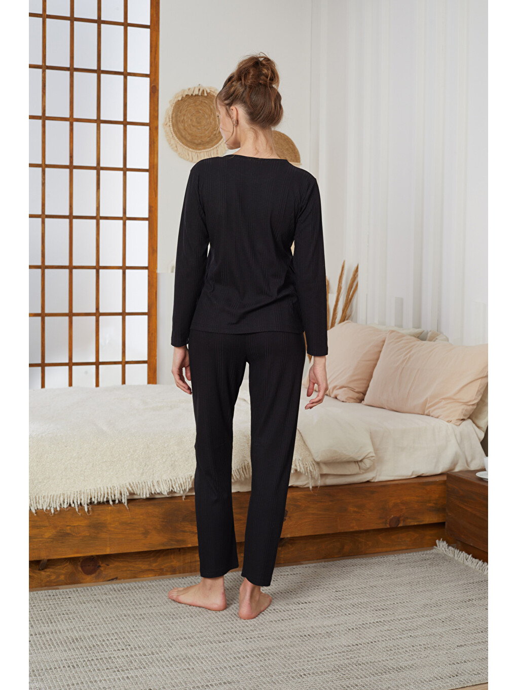 Siyah Love Nakışlı Fitilli Örme Pijama Takım25226001-2