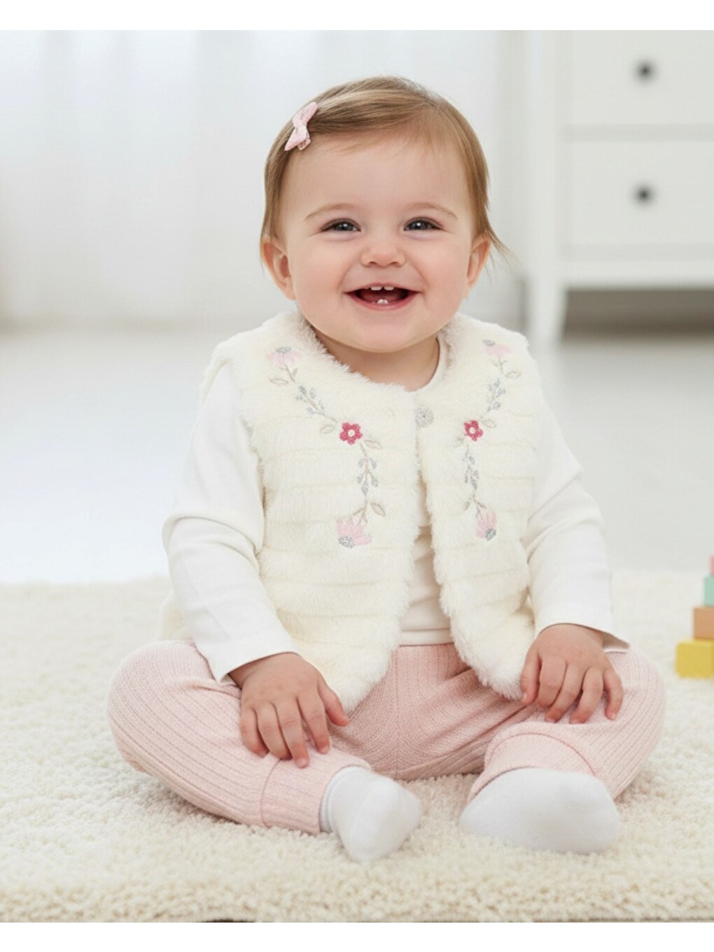 Pembe Kız Bebek Pelüş Yelekli, 3'lü Mevsimlik Alt Üst Takım-1