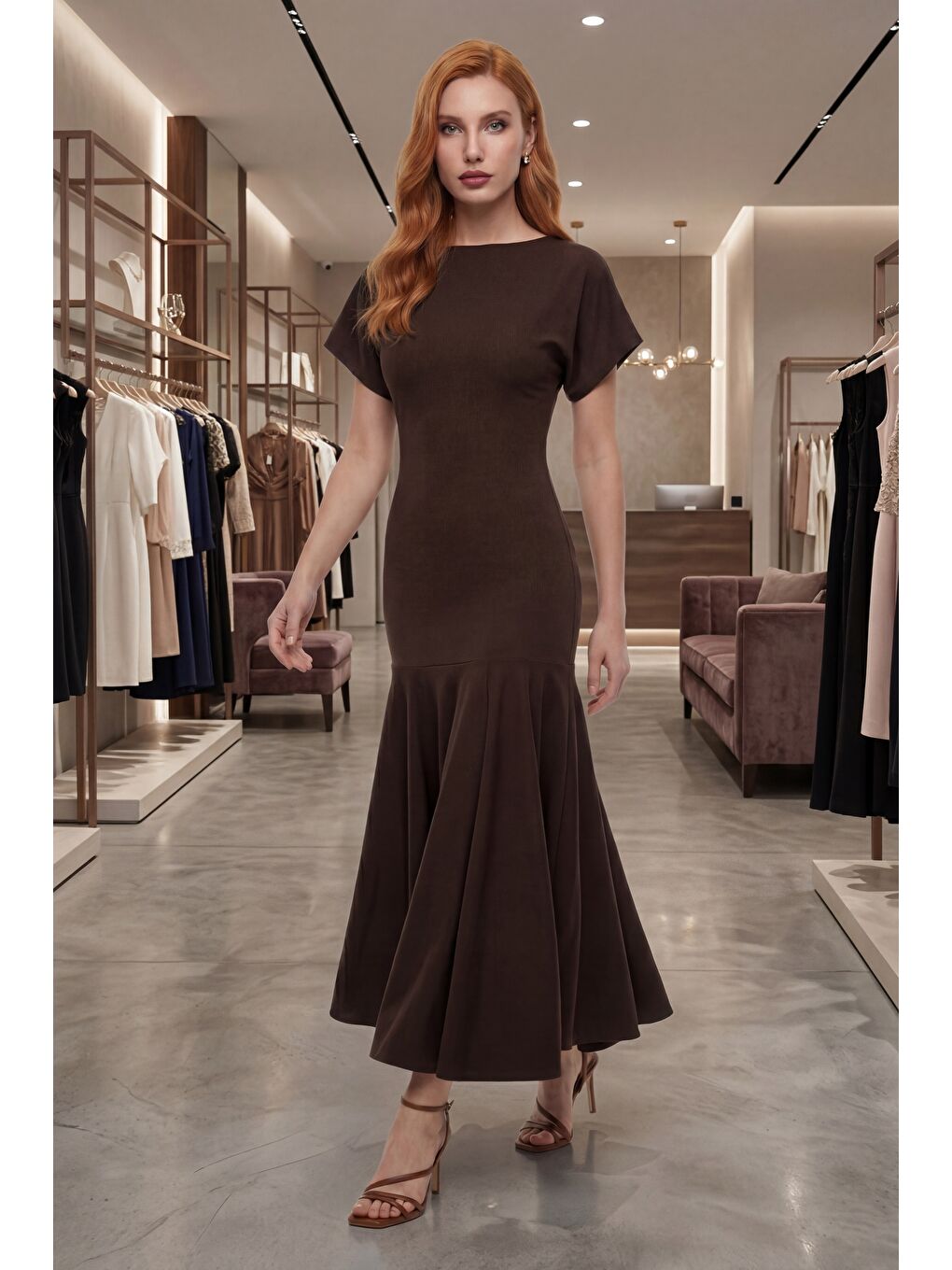 Kadın Kahverengi Bisiklet Yaka Kısa Kollu Midi Davet Elbisesi-4