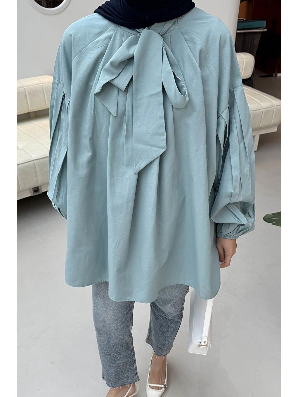 Yaka Fular Detaylı Gömlek Mint Yeşili-2