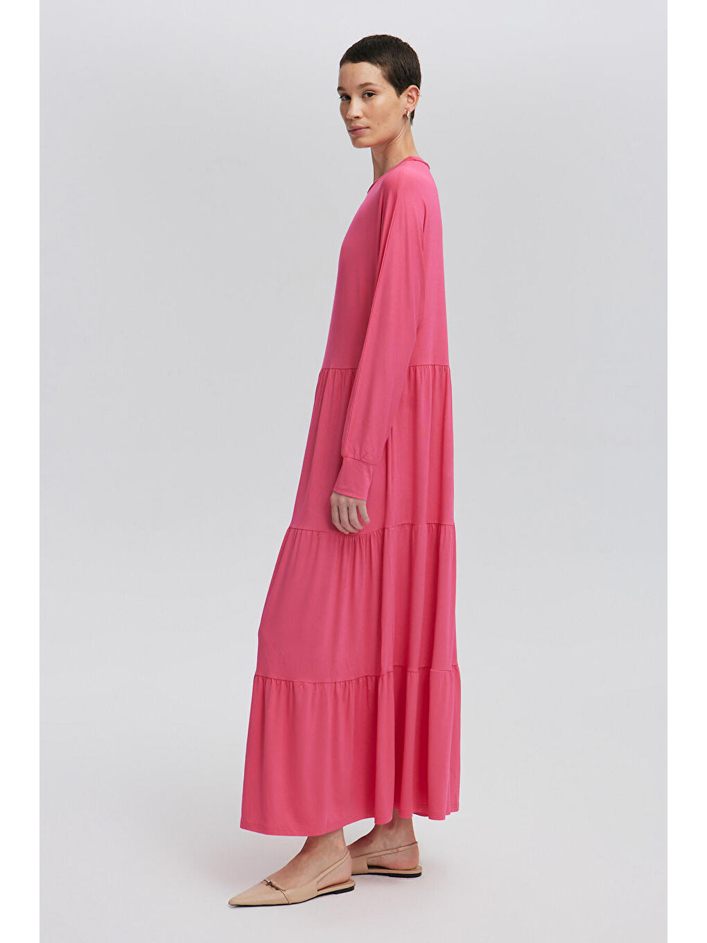 Fuşya Büzgülü Japone Kol Elbise-2