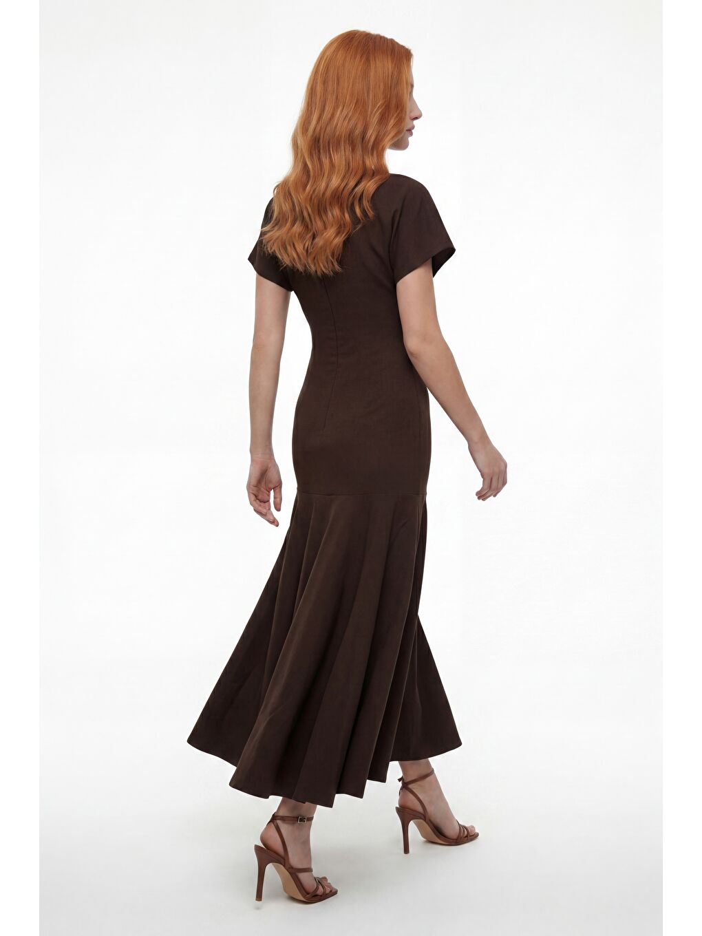 Kadın Kahverengi Bisiklet Yaka Kısa Kollu Midi Davet Elbisesi-5