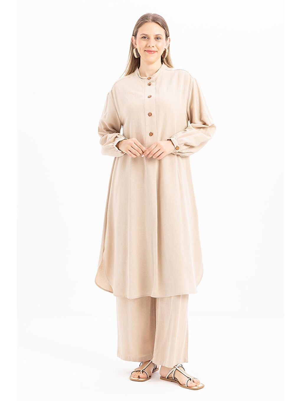 Bej-Yarım Patlı Yırtmaçlı Keten Tunik