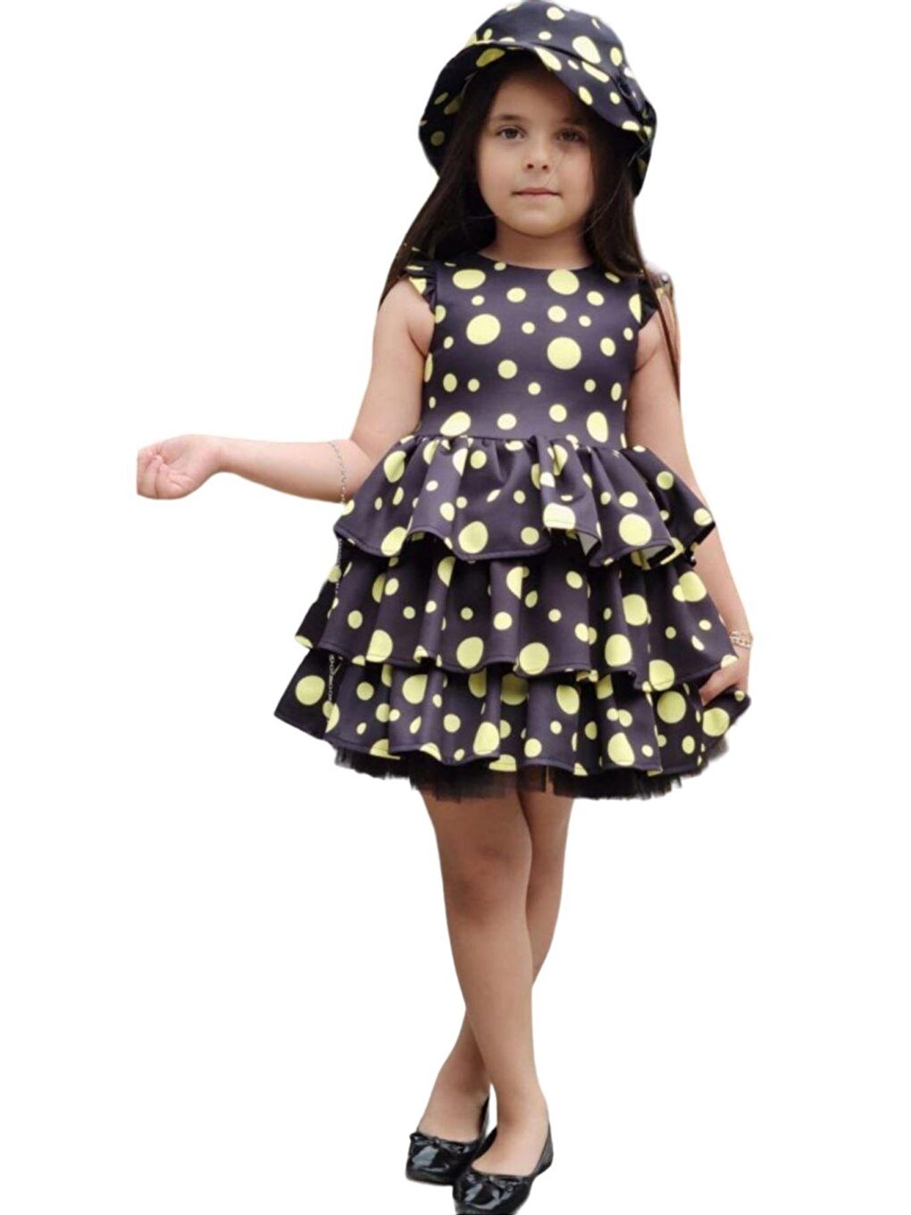 Kız Çocuk Kolları ve Eteği Kat Kat Fırfırlı Üzeri Sarı Benekli Elbise-2