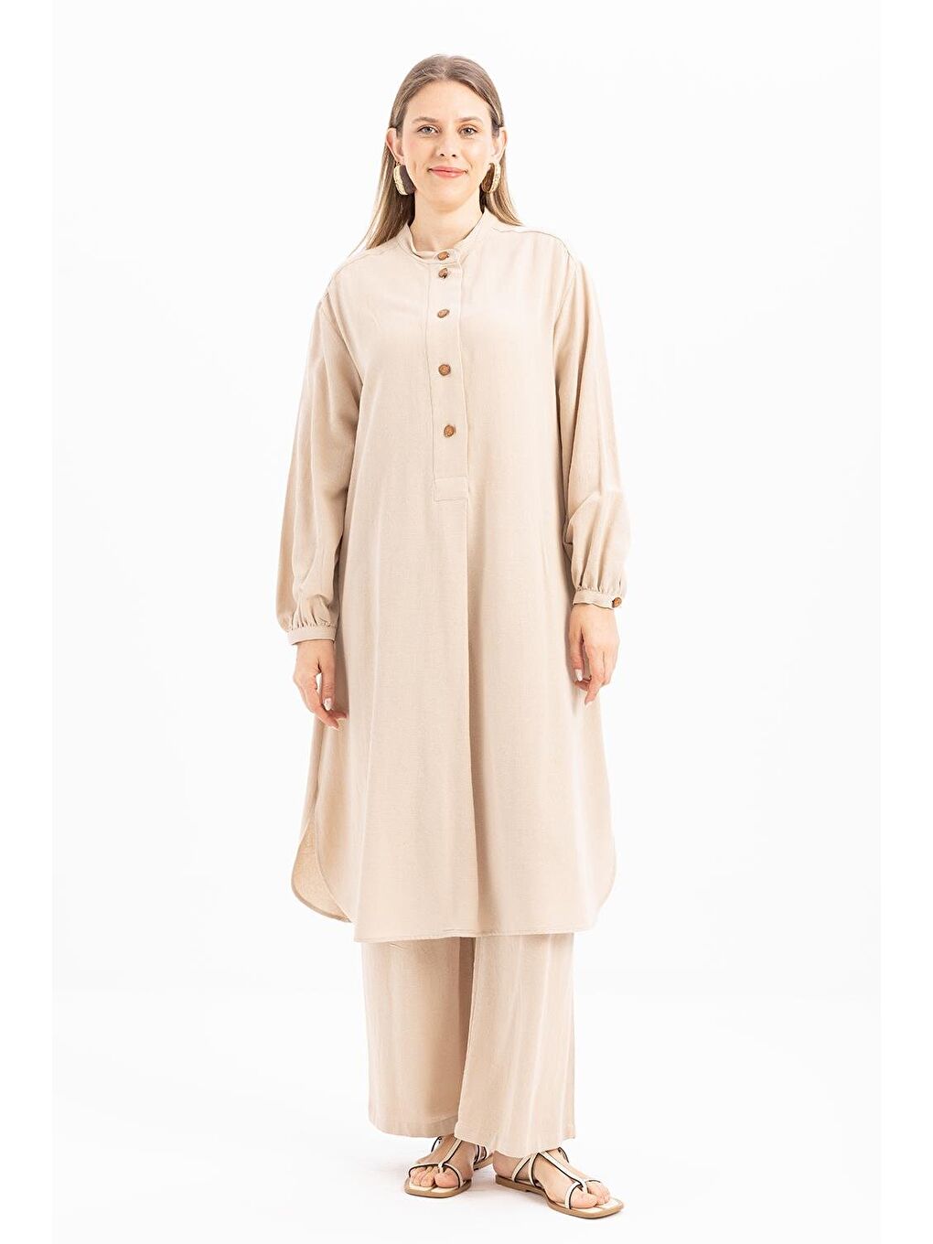 Bej-Yarım Patlı Yırtmaçlı Keten Tunik-1