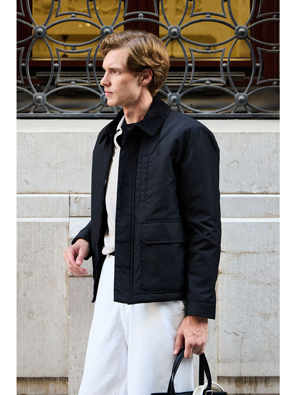 Erkek Kontrast Yakalı Mont Ceket Siyah-3