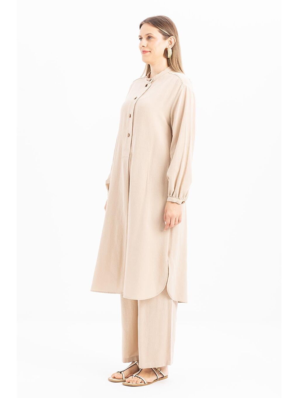 Bej-Yarım Patlı Yırtmaçlı Keten Tunik-2