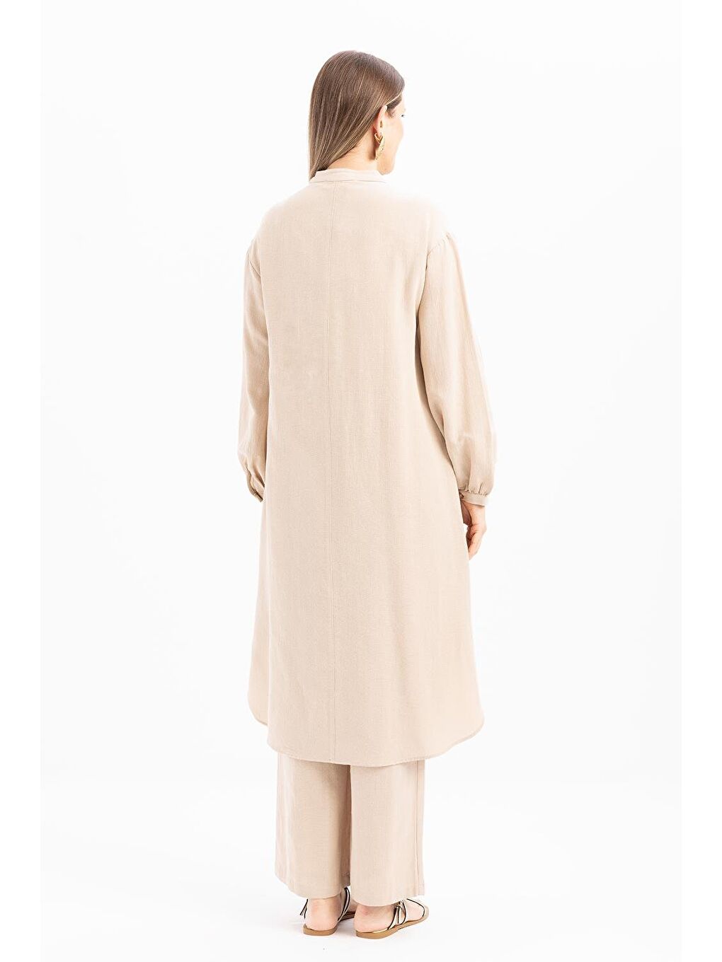 Bej-Yarım Patlı Yırtmaçlı Keten Tunik-3