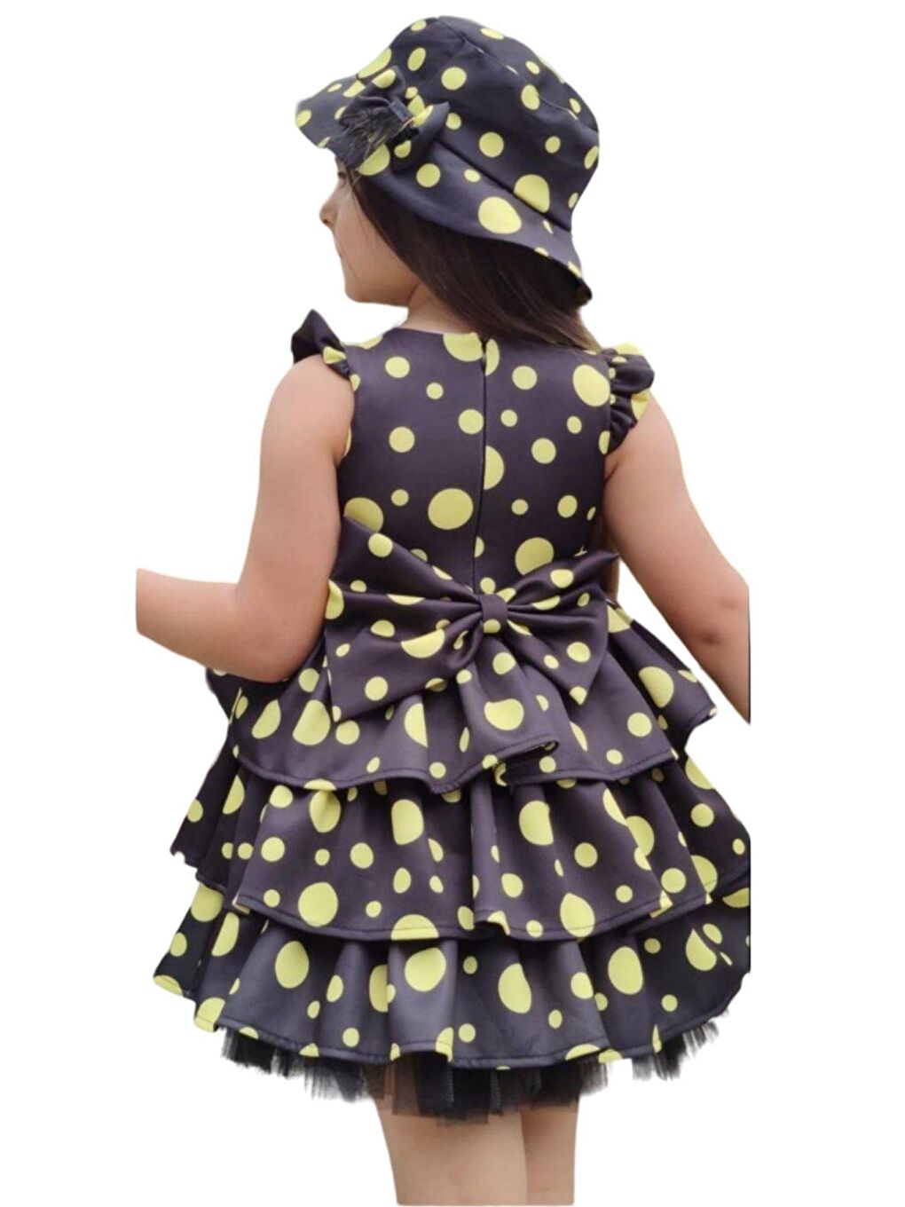 Kız Çocuk Kolları ve Eteği Kat Kat Fırfırlı Üzeri Sarı Benekli Elbise-3