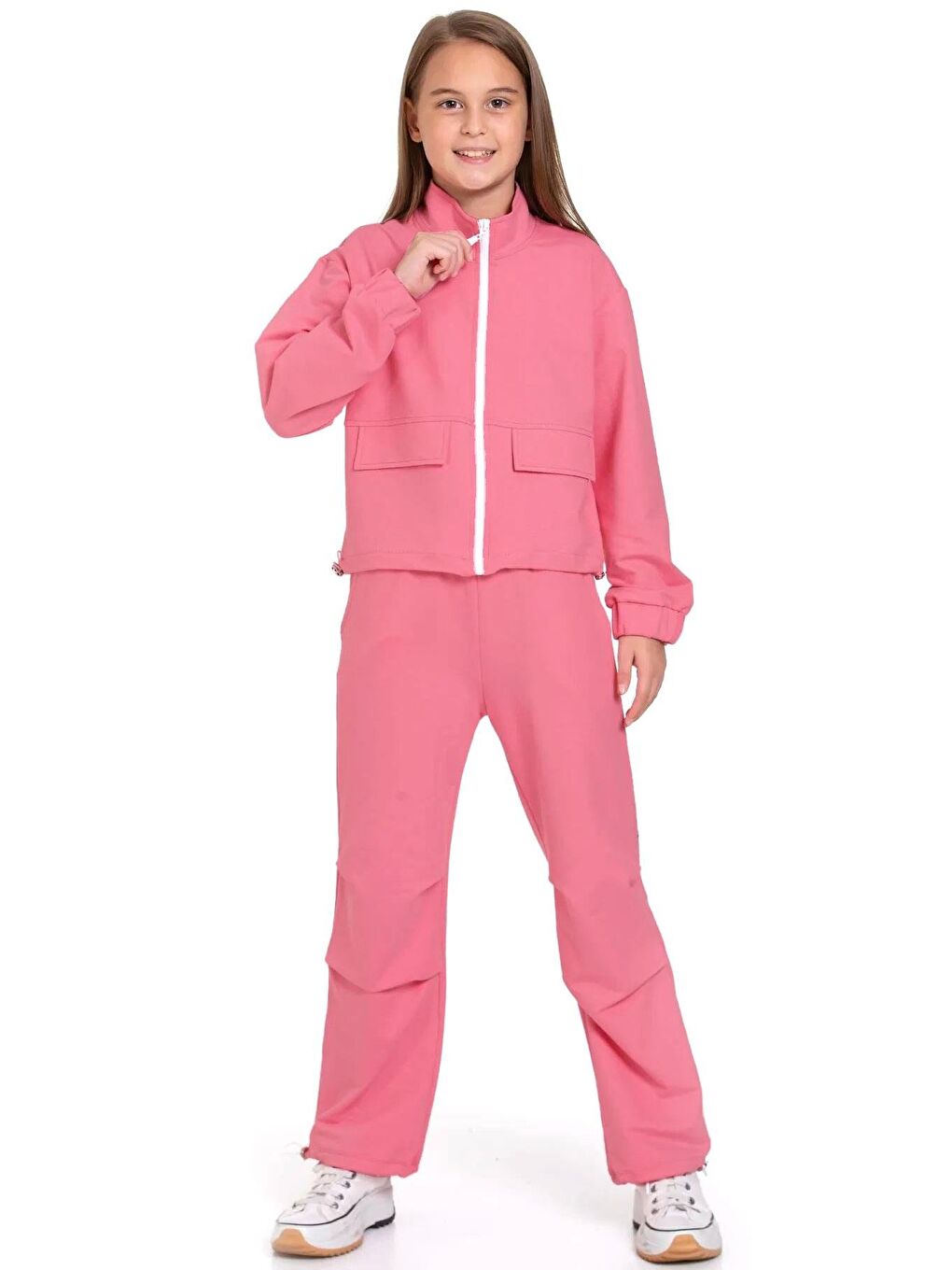 Pembe Fermuarlı Beli ve Paçası Büzgülü Lastik Detaylı Gül Kurusu Renk Kız Çocuk Eşofman Takım