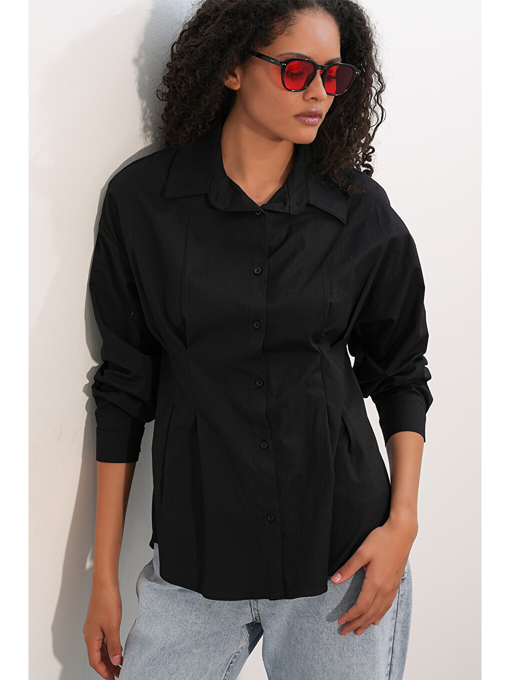 Kadın Belden Oturtmalı Poplin Gömlek 20384 - Siyah-3