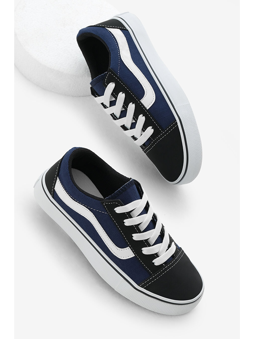 Çocuk Unisex Jean Mavi Kauçuk Taban Yanı Şeritli Keten Bağcıklı Spor Ayakkabı