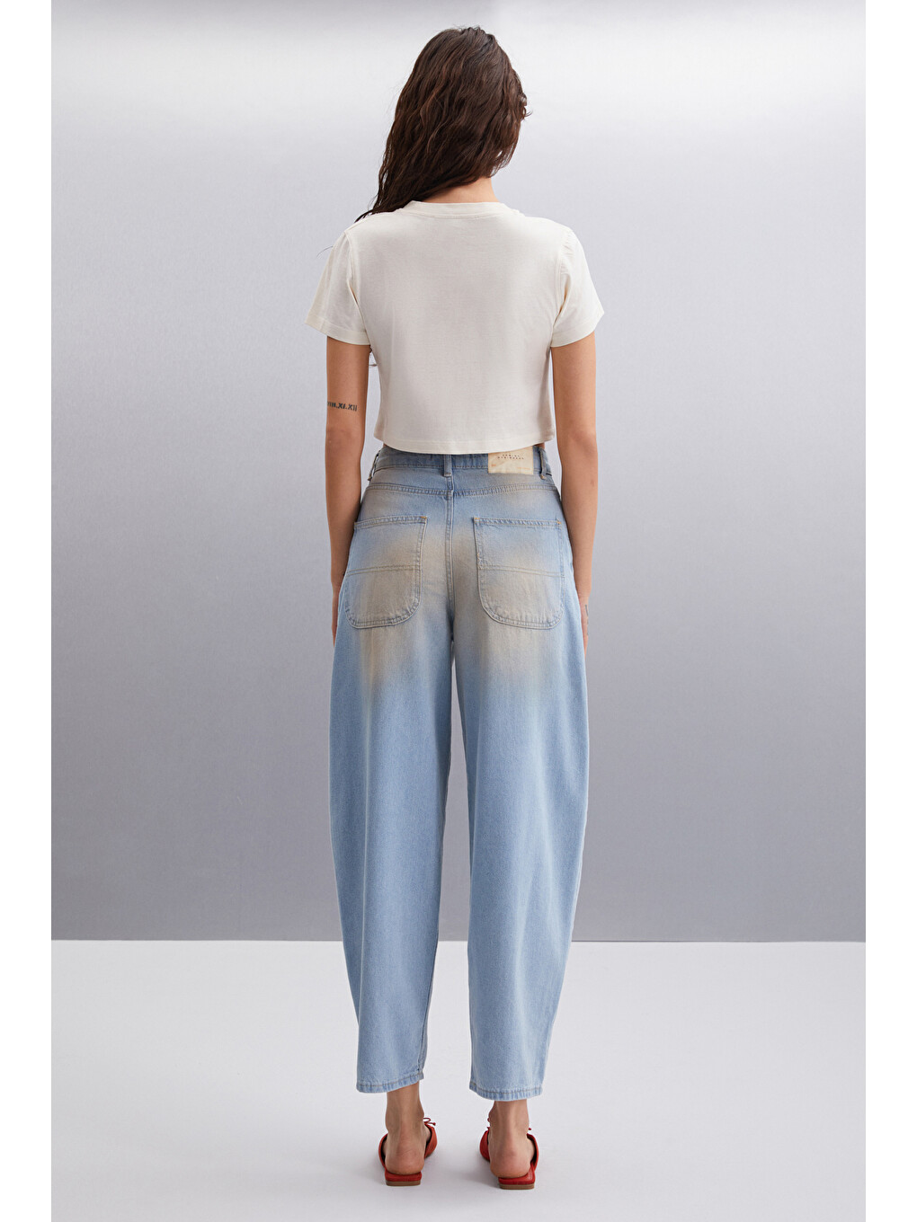 Bej Irma 100% Pamuk Kadın Baskılı Crop Vanilya T-shirt-4