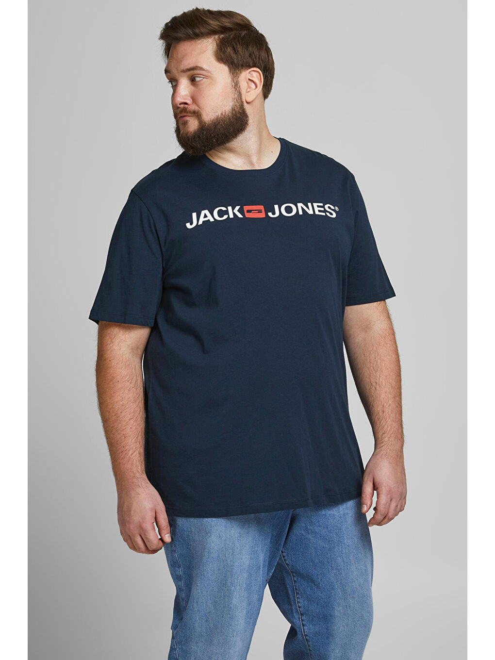 Lacivert Büyük Beden Bisiklet Yaka %100 Pamuk Plus Jjecorp Erkek Tişört 12184987