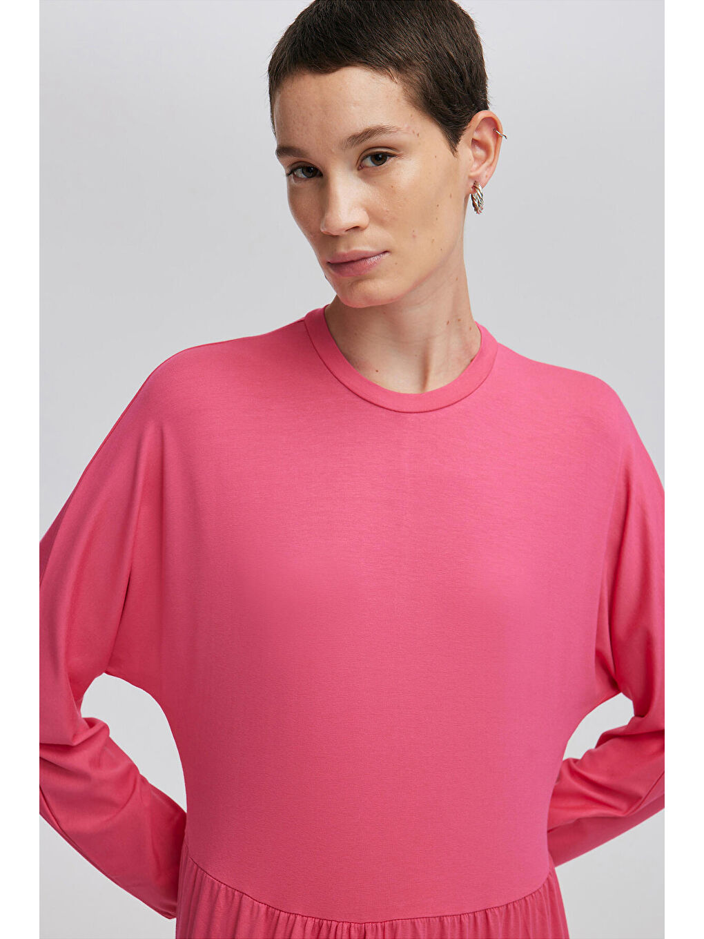 Fuşya Büzgülü Japone Kol Elbise-4