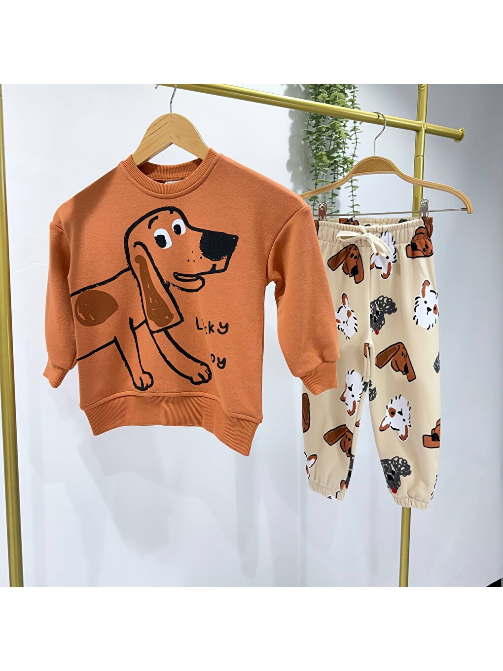 Kahverengi Erkek Çocuk Köpek Baskılı Eşofman Alt Üst Takım-1