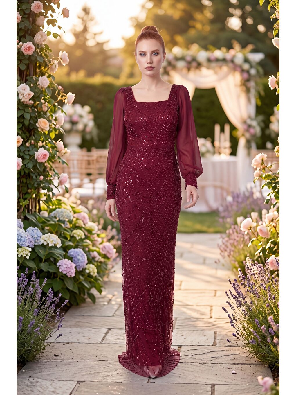 Kadın Bordo Kare Yaka Uzun Kollu Boncuklu Abiye Elbise-4