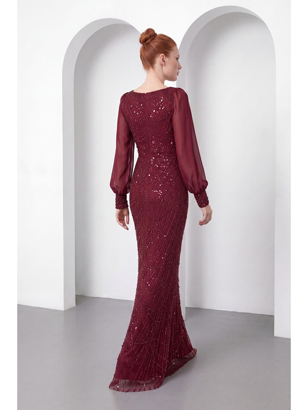 Kadın Bordo Kare Yaka Uzun Kollu Boncuklu Abiye Elbise-5