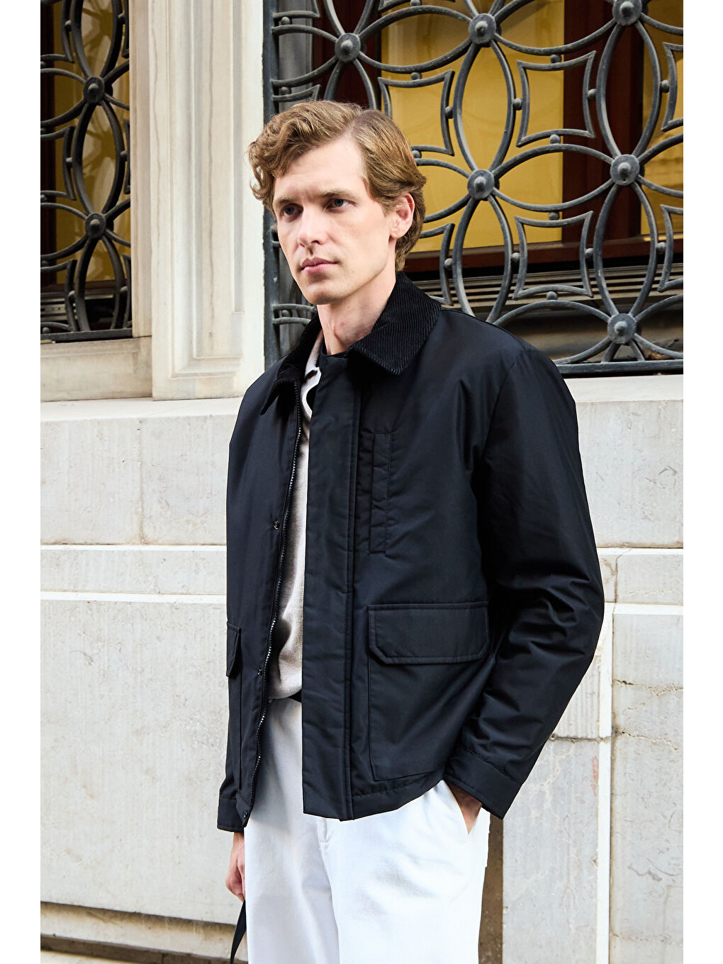 Erkek Kontrast Yakalı Mont Ceket Siyah-5