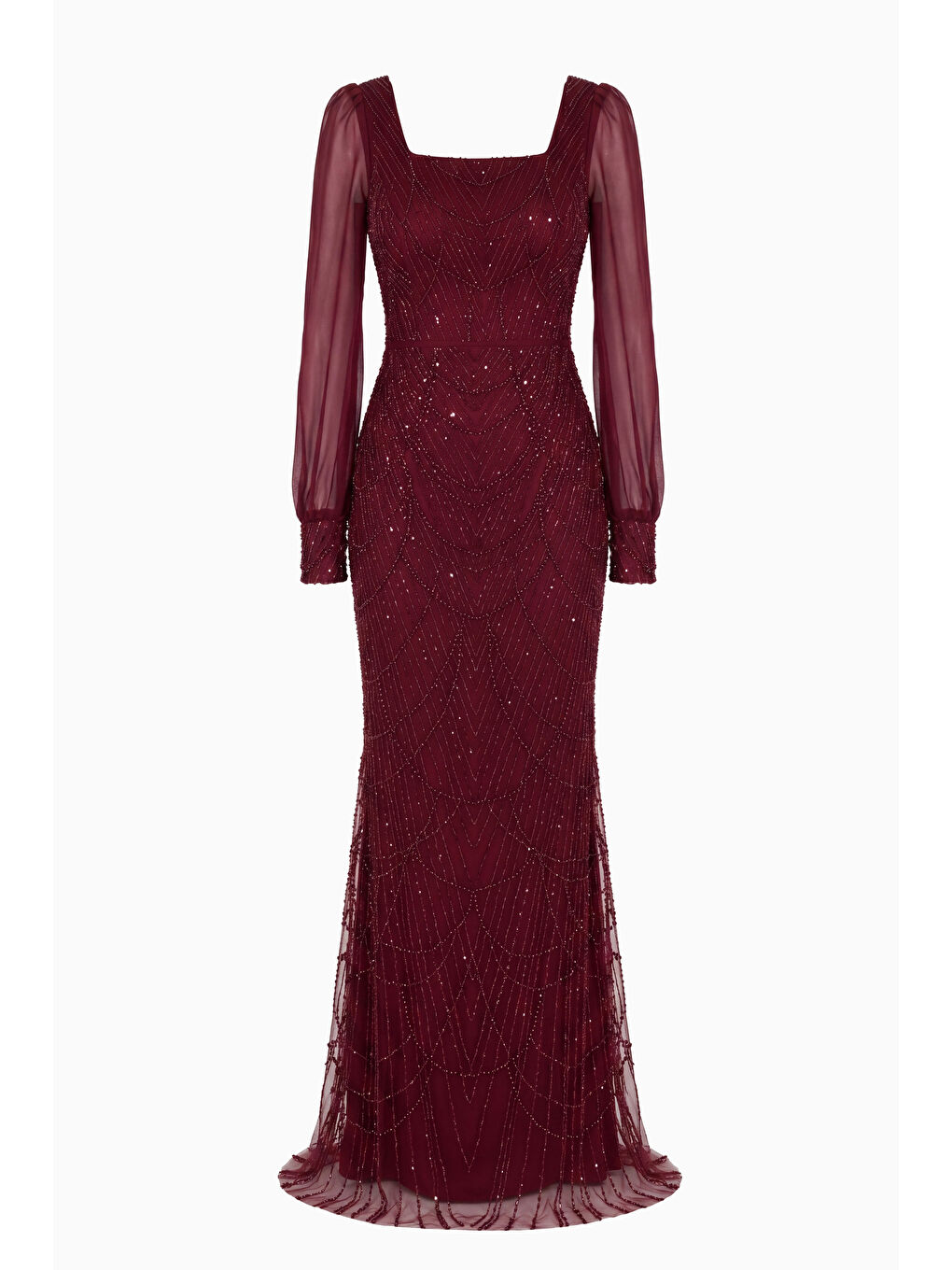 Kadın Bordo Kare Yaka Uzun Kollu Boncuklu Abiye Elbise-6