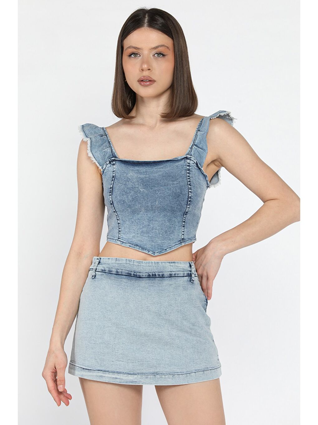 Mavi Kadın Omuz Fırfırlı Sırt Fermuarlı Jean Jean Crop Top Bluz